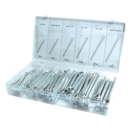 The Sparex Cotter Pin organizer box (Sparex Part No.S.29882) contains 144 pieces of various sizes and types of metal cotter pins, ranging from Ø2.5 to 7.5mm and lengths from 50 to 75mm, all neatly compartmentalized and labeled with size and quantity in each section.