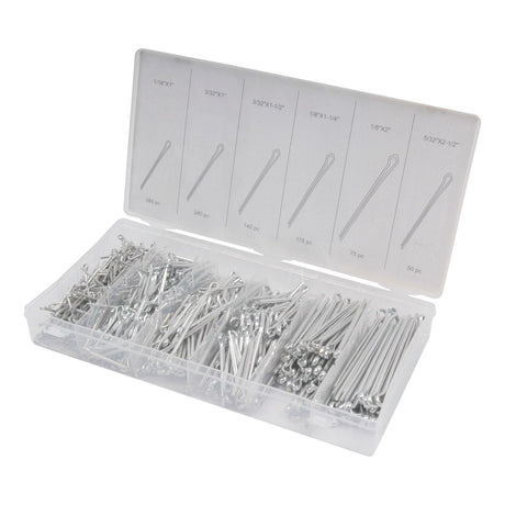 A Sparex plastic box containing a variety of metallic cotter pins (Cotter Pin, Ø1.6 - 4 x 25 - 64mm), organized in different compartments, each labeled by size, quantity, and Pin Ø (Sparex Part No.S.29883). The box holds an Agripak of 1000 pieces.