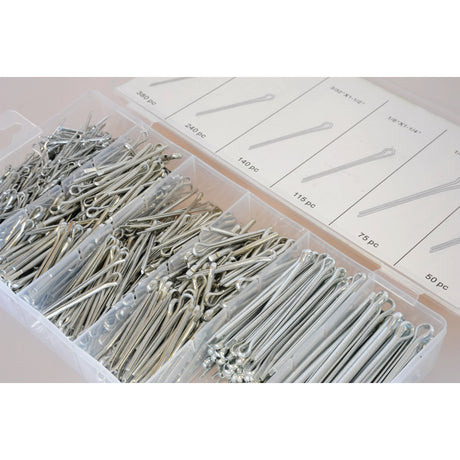 A Sparex plastic compartment box from Agripak, containing 1000 assorted stainless steel cotter pins of varying lengths (Ø1.6 - 4 x 25 - 64mm) with labels indicating sizes and pin diameters on the lid (Sparex Part No. S.29883).