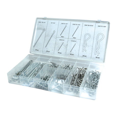 The Cotter Pins & Grip Clips Kit, 260 pcs. Compak by Sparex (Part No. S.29884) is a clear plastic organizer box containing various sizes of metal cotter pins and hitch pins, each type labeled and sorted into individual compartments, making it a perfect kit for your Grip Clips and fasteners.