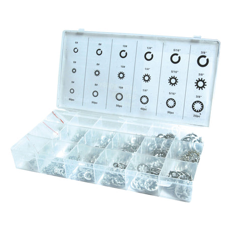 The Shakeproof & Spring Washer Assortment by Sparex, containing 720 pieces, is packed in a clear plastic organizer with multiple compartments. The lid is labeled to indicate the quantities and types of washers, including various sizes of metal lock washers and spring washers.