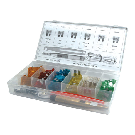 The Blade Fuse and Tool Kit Display Box, 93 pcs. - S.29891 from Sparex includes assorted automotive fuses labeled by amperage and color-coding, along with a fuse puller and electric tester. This kit is designed for easy identification and replacement of fuses, ensuring you're always prepared for any electrical issue on the road.