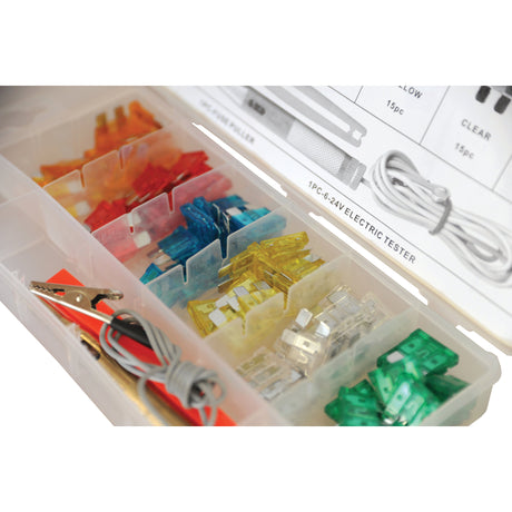 The Sparex Blade Fuse and Tool Kit Display Box, 93 pcs. - S.29891 includes various colored fuses, an electric tester, alligator clips, and a cable in a plastic organizer box. It is suitable for automotive and electrical work.