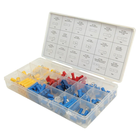 The Sparex Pre Insulated Terminal Various (160 pcs.) - S.29892 is a plastic container with compartments holding variously colored electrical connectors. The lid, which includes product specifications and diagrams, provides detailed information about the connectors.