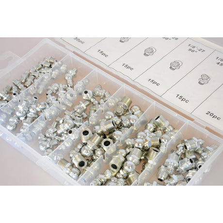 The **Grease Nipple Assortment - Imperial (110 pcs.) | Sparex Part No.S.29896** by **Sparex** is a high-quality plastic organizer box containing various metal grease fittings, sorted into labeled compartments for easy identification and detailed with product specifications and sizes.