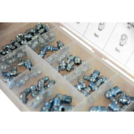 A Sparex Handipak plastic organizer (Sparex Part No. S.29897) containing an assortment of 110 small metallic fittings, including M6, M8, and M10 grease nipples, each in separate compartments.