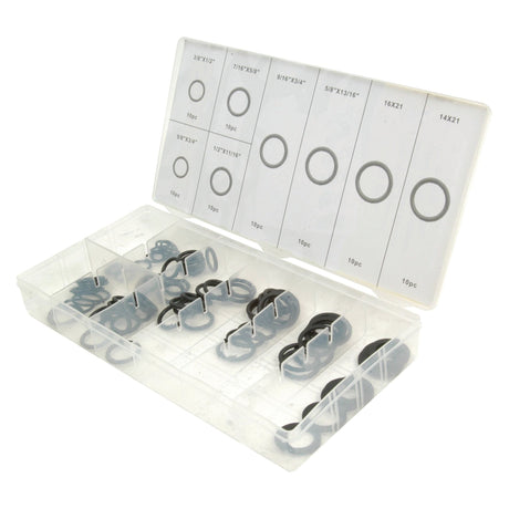 The O'Ring Kit Various 80 pcs Imperial Selection pack - S.29898 by Sparex features a clear plastic box with compartments labeled for each size of black rubber O-rings. The lid displays corresponding O-ring dimensions and quantities, offering essential information for precision use.