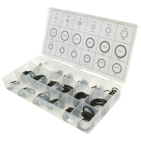 A Sparex plastic organizer box (Sparex Part No. S.29899) containing 125 black O-rings in assorted sizes, with a diagram of the O-ring sizes displayed on the inside lid.