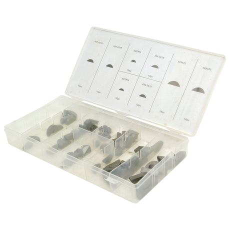 The Sparex Metric Woodruff Keys - Assorted (80 pcs. Handipak) Din 6888 - S.29903 comes in a transparent plastic case containing various metallic pieces, with labeled compartments under the lid for easy organization.