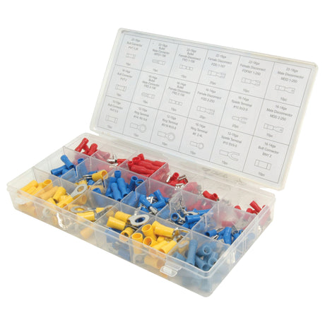 Experience the convenience of organizing and accessing assorted connectors with the Sparex Pre Insulated Terminal Kit, Standard Grip Assorted (Handipak 260 pcs.)—Part No. S.29904. This practical plastic container features separate compartments for red, blue, and yellow pre-insulated electrical wire terminals. The lid includes a detailed chart of connector specifications, ensuring you have the right tools for any wiring task.