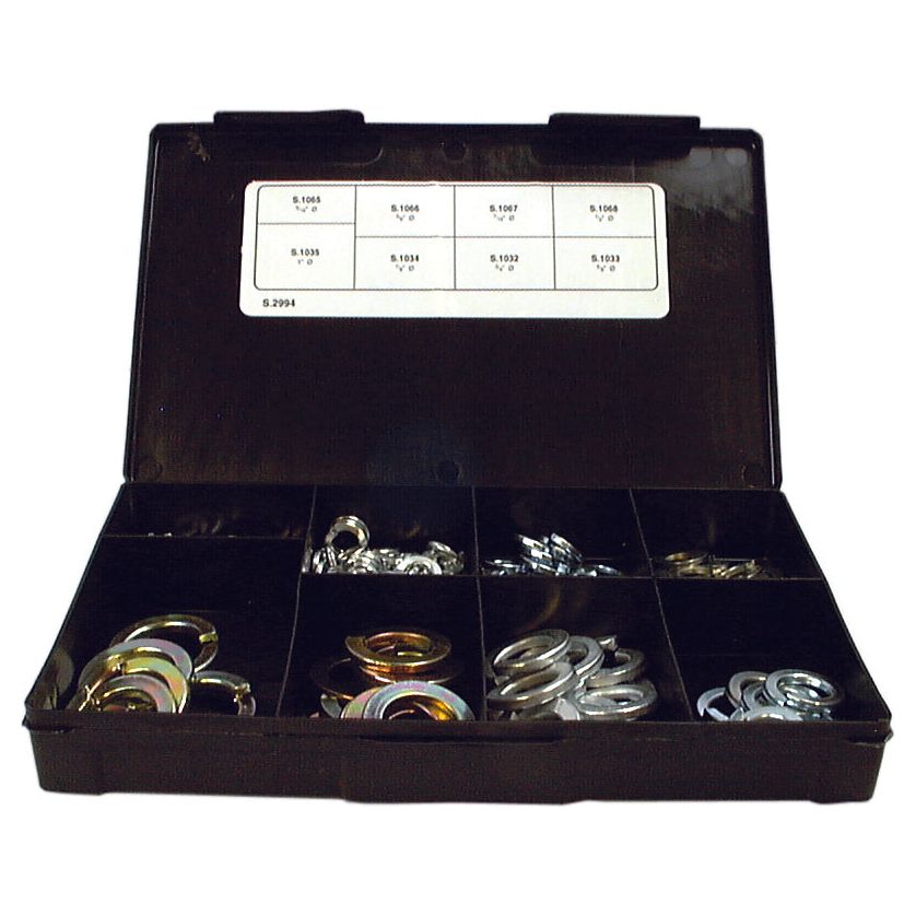 A Sparex black box with several compartments contains various sizes and types of metal washers, including Imperial Spring Washers. The label on the inside of the lid, featuring the product data such as ID: 5/16 - 1'' (DIN 127B) and Sparex Part No.S.2994, helps you identify each type easily.