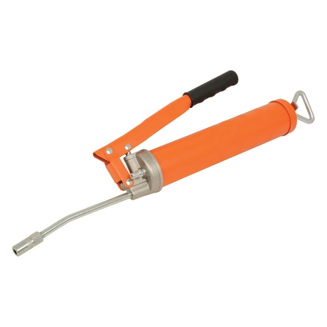 The Sparex Grease Gun - (Standard Duty) S.29978, featuring an orange design with a black handle grip and a high-pressure flexible hose nozzle, is suitable for various lubrication tasks.