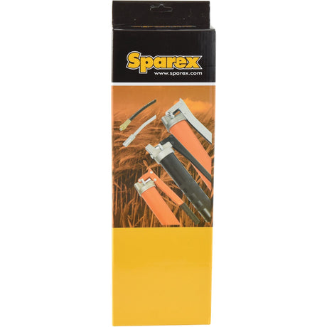 Packaging for the Sparex Grease Gun (Standard Duty) - S.29978, featuring illustrations of grease guns with high pressure flexible and rigid tubes against a wheat field backdrop, providing suitable information for both users and manufacturers.