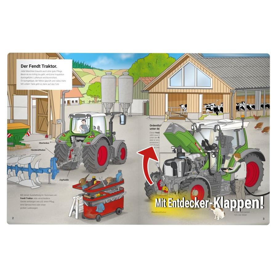 Illustration of Fendt tractors and farming equipment at a farm with cows in the background and a barn. German text captions are included explaining parts of the tractors and farm activities, featuring Fendt machines prominently. Perfect for a children’s book about agriculture - "The world of Fendt machines in agriculture" by AGCO (Product Code: X991021059000).