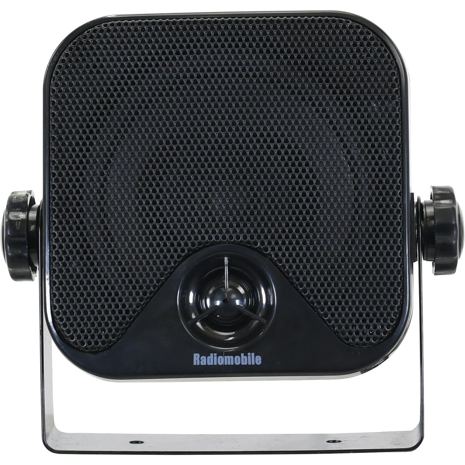 A black, square-shaped 2 Way Pod Speaker from Sparex with a metal grille and mounting bracket is shown. The S.25734 model is a 4 Ohm, 60 Watt speaker that has control knobs on both sides and features an Air Suspension Woofer, all while facing forward.