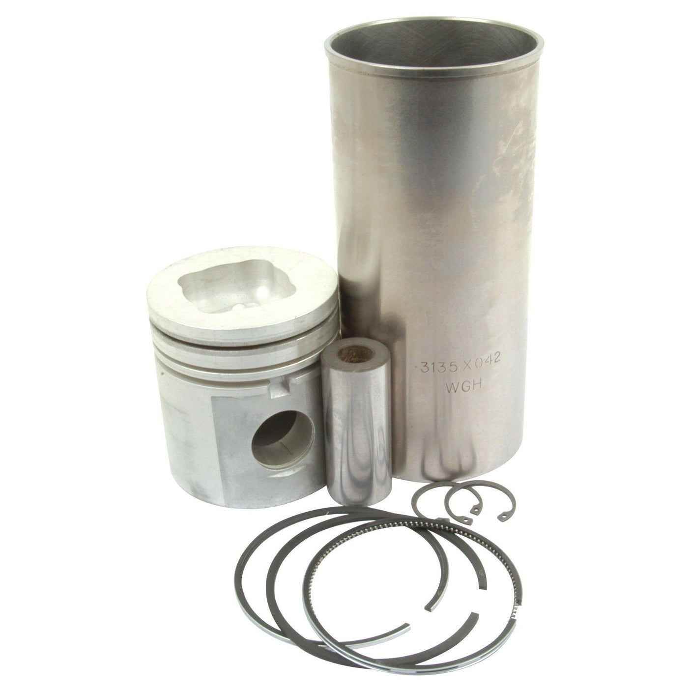 The Sparex Piston Ring and Liner Kit (Part No. S.30039), featuring a piston assembly complete with a cylinder sleeve, piston, wrist pin, and piston rings, is beautifully arranged on a white background, highlighting its compatibility with Massey Ferguson and Perkins models.