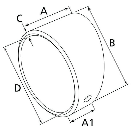 Technical drawing of the Tapered Small End Bush by Sparex with dimensions labeled as A, B, C, D, and A1. The cylindrical shape features perspective lines indicating depth and includes a small circular feature on one side. This design might be familiar to those who work with International Harvester equipment. The inner diameter is specified as 46.8mm and it corresponds to Sparex Part No.S.30076.
