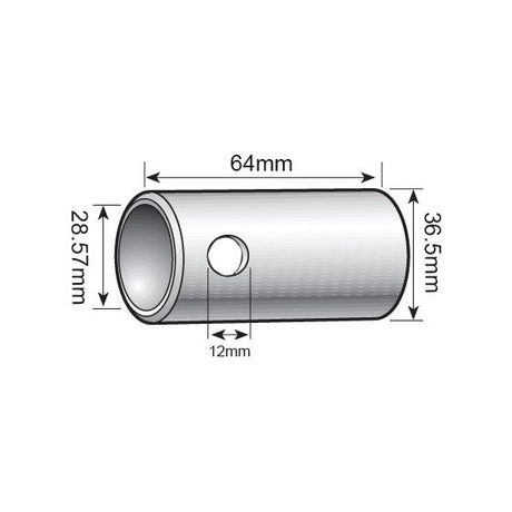 The Sparex Lower Link Conversion Bush (Cat. 3 to 2) - S.3010, which is a metal cylindrical tube with dimensions of 64mm in length, an outer diameter of 36.5mm, an inner diameter of 28.57mm, and a side hole with a diameter of 12mm, is ideal for Lower Link applications.