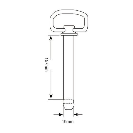 A technical drawing of a Sparex Hitch Pin with Grip Clip 19x157mm (Sparex Part No. S.3013) resembling a cylindrical object with a handle on top, measuring 157mm in height and 19mm at the widest section.