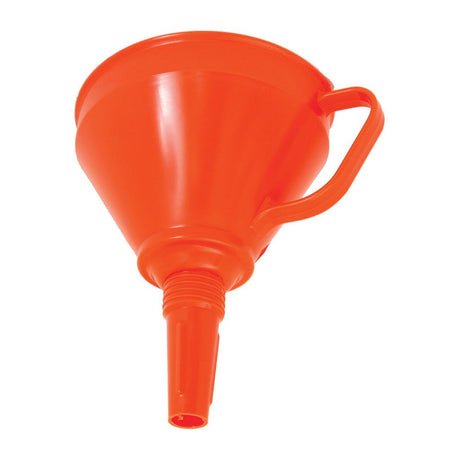 The Sparex FUNNEL WITH STRAINER 160MM - S.30155 is a bright orange plastic funnel equipped with a handle and spout, perfect for pouring liquids.