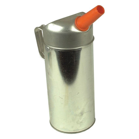 Silver oil can with a red spout and a handle on the side, used for dispensing oil or other lubricants. This versatile Metal Jug - 2L by Sparex (Part No. S.30160) ensures precision and ease in lubrication tasks.