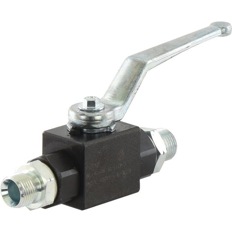 The Sparex Hydraulic 2-Way Shut-off Ball Valve M18 x 1.5 - S.30220 is a metal lever-operated valve with threaded male fittings on both ends, ideal for controlling fluid flow in a pipe system.