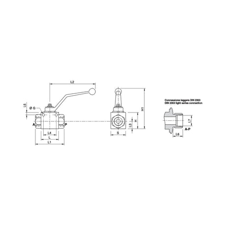 Technical diagram of the Sparex Hydraulic 2-Way Shut-off Ball Valve M18 x 1.5 - S.30220 with dimensions labeled. Suitable for detailed analysis, the image includes side, front, and top views with measurements in millimeters and a note about the DIN 2353 light series connection.