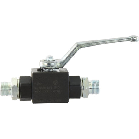 The Sparex Hydraulic 2-Way Shut-off Ball Valve M18 x 1.5 - S.30220 features a lever handle and threaded ports on each end for fluid control applications, making it ideal for a variety of industrial uses and ensuring precise management of liquid flow.