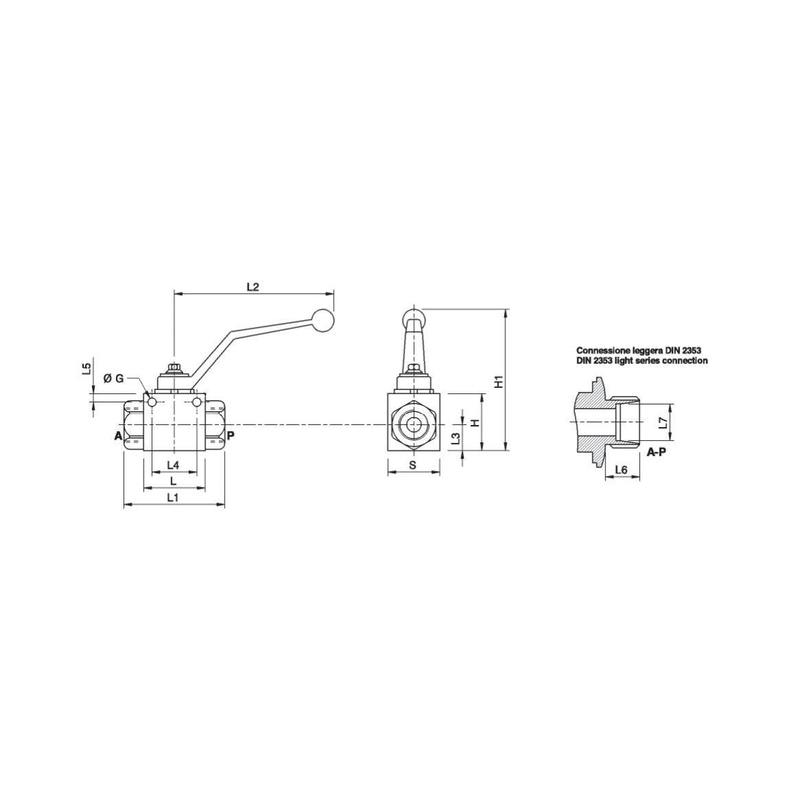 Technical diagram of the Hydraulic 2-Way Shut-off Ball valve M22 x 1.5 - S.30221 by Sparex, with measurements for lengths, heights, and diameters labeled. Includes detailed front and side views, connection specifics, and manufacturing information.
