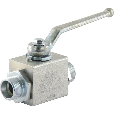 The Hydraulic 2-Way Shut-off Ball Valve M22 x 1.5 - S.30221 from Sparex is a metal ball valve featuring a threaded male connection on each end and a lever handle for manual operation, making it suitable for various applications.