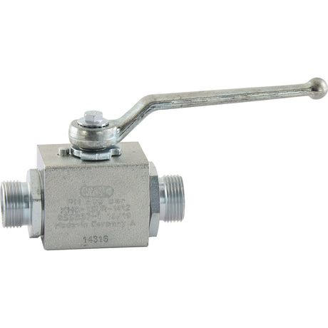 A Sparex Hydraulic 2-Way Shut-off Ball Valve with a lever handle, featuring threaded male fittings on both ends and an engraved model number (S.30221) on the body, suitable for various applications. Additional information about the manufacturer can be found on the product label.