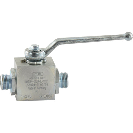 The Sparex 3-Way Diverter Ball Valve M18 x 1.50 Metric, with a lever handle and labeled for 500 bar pressure, ensures secure connections with its M18 x 1.50 threaded fittings. The durable body also displays detailed product information and serial numbers. This valve is identified as Sparex Part No.S.30222 and supports a tube size of 12L for optimal flow rate.