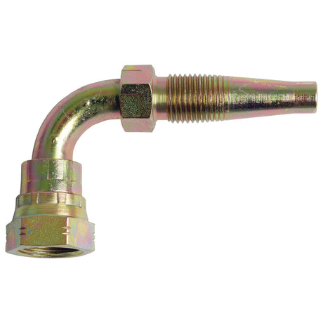 Image of a Sparex Hydraulic 2-Piece Re-usable Coupling insert with a 90-degree bend, featuring a hexagonal nut at one end and an M18 female threaded connector at the other end, designed for DN10 3/8'' hose connections. Part No. S.30238.