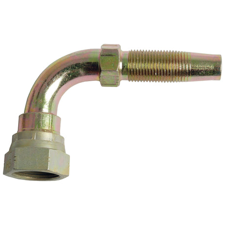 The Sparex Hydraulic 2-Piece Re-usable Coupling Insert (Part No. S.30239) is a metal hose fitting with a 90-degree swept bend and an M22 female thread, perfect for connecting pipes or hoses in plumbing or industrial applications. This coupling ensures secure connections with its reliably threaded end.