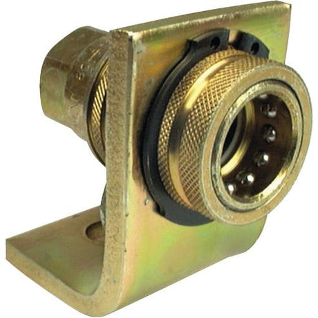 The Sparex Hydraulic Quick Release Coupling Set (Single Bracket) Female 1/2'' Body x M18 x 1.50 Male Thread, identified as Sparex Part No. S.30244, is a gold-colored right-angle mounting bracket featuring a threaded circular connector with a knurled edge and constructed from durable carbon steel.