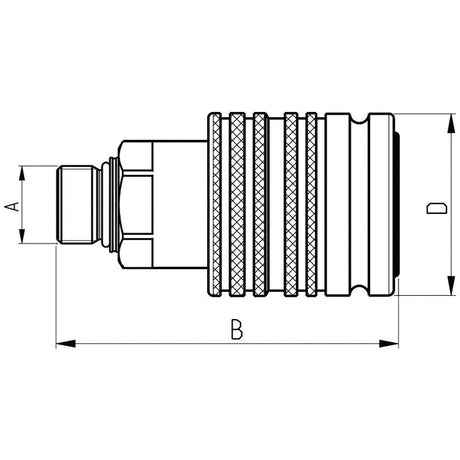 Technical diagram of the Sparex Hydraulic Quick Release Coupling Set, featuring a hexagonal connecting component made from carbon steel with dimensions labeled as A, B, and D. The coupling includes a threaded section and a grooved area for grip, designed to meet ISO 7241 A Quick Release Coupling standards. This specific model is the Female 1/2'' Body x M18 x 1.50 Male Thread (Sparex Part No.S.30244).