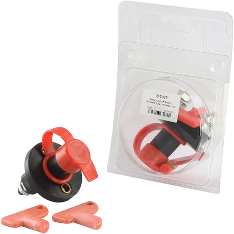 The Sparex Battery Cut Off Switch - Standard Duty, 100 Amps, 24V (Agripak) - S.3047 features a red handle and comes with two red keys, making it suitable for various automotive applications.