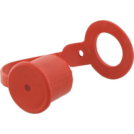 Introducing the Sparex Dust Cap Red PVC Fits 1/2'' Male Coupling - S.30485, a red plastic dust cap featuring a round cover on one end and a loop on the other, ideal for shielding equipment from dust and debris.