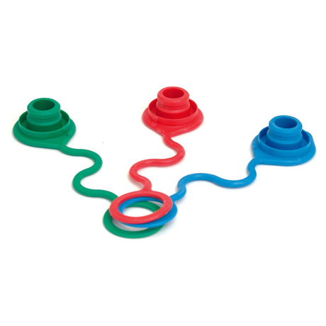 Three colorful plastic lids (green, red, and blue) connected by wavy, flexible bands of corresponding colors, similar to the sophisticated design of a Dust Cap 1/2'' male red by Sparex | Sparex Part No.S.30500.