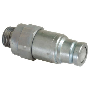 A close-up view of the Sparex Stauff Flat Faced Coupling Male 1/2'' Body x M18 x 1.50 Metric Male Thread (Sparex Part No.S.30543) reveals the metallic hydraulic quick-release mechanism, featuring a carbon steel body with a threaded end and grooved connection point.