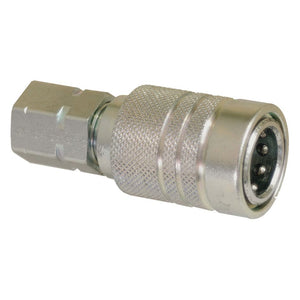 A close-up of a metallic quick-connect hydraulic coupling fitting with a knurled grip and threaded end, crafted from durable carbon steel. Featured is the Sparex Stauff Quick Release Hydraulic Coupling, Female 3/8'' Body x 3/8'' BSP Female Thread, Part No. S.30551 for reliable performance.