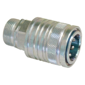 Close-up of the Stauff Quick Release Hydraulic Coupling Female 1/2'' Body x M26 x 1.50 Metric Male Thread by Sparex (Part No. S.30562), featuring a threaded end and a grooved, textured surface with a standard coupling mechanism.