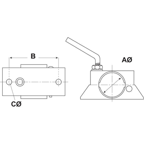 Technical drawing showing front and side views of the Wheel Jack Bracket (Sparex Part No. S.3064), with labeled dimensions: AØ, B, and CØ. Crafted from high-grade Simol steel, the side view includes a diagonal protrusion.

