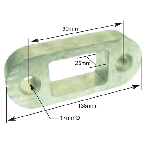 Image of a metal component labeled BALL HITCH SPACER-1'' - S.3091 by Sparex, featuring detailed measurements: 138mm in length, 25mm in width for the inner rectangle, with two holes each having a diameter of 17mm, and an overall length of 90mm. This information is suitable for precise manufacturing requirements.