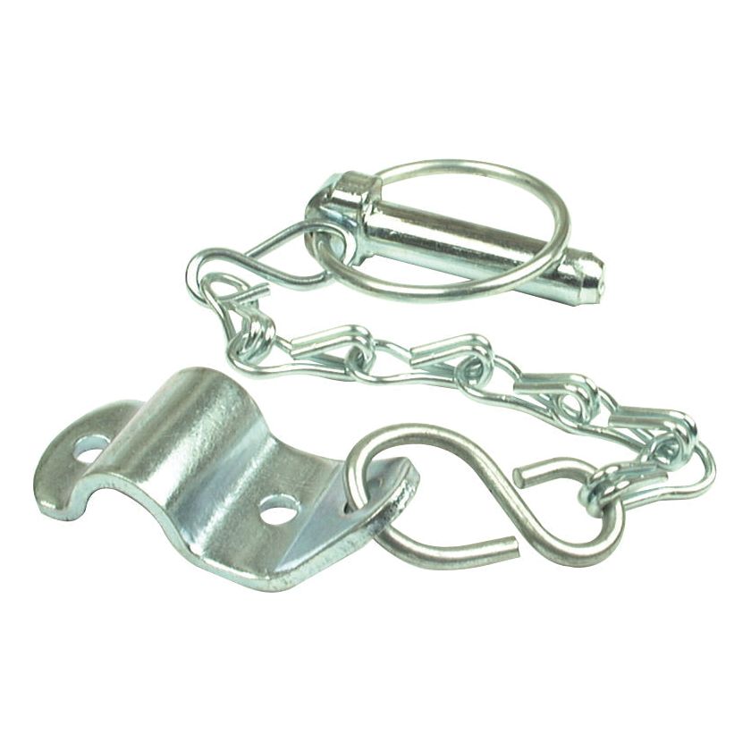 Introducing the Round Linch Pin, Chain & Bracket Assembly (Pin Ø11mm) - Sparex Part No. S.30, an industrial silver chain with a clasp, metal pin, and a bracket featuring two screw holes attached. This product is perfect for your Massey Ferguson machinery and comes from the trusted Sparex brand.