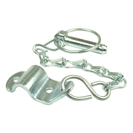 Introducing the Round Linch Pin, Chain & Bracket Assembly (Pin Ø11mm) - Sparex Part No. S.30, an industrial silver chain with a clasp, metal pin, and a bracket featuring two screw holes attached. This product is perfect for your Massey Ferguson machinery and comes from the trusted Sparex brand.