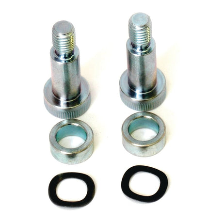 The Kit Multifaster - Locking Pin (Ø15x7mm) by Sparex (Part No. S.31024) includes two metal bolts with threaded ends, two locking pins, two metal washers, circular metal rings, and rubber gaskets, all arranged on a white surface.