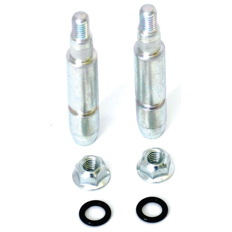 Two metal bolts, each equipped with a hex nut and black washer, are arranged side by side on a white background, reminiscent of the precision components included in the Sparex Kit Multifaster - Guide Pin Ø14x50mm (Sparex Part No. S.31027).