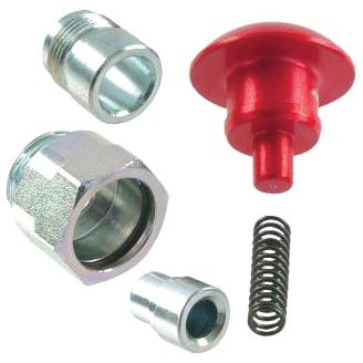 Various metallic and plastic hardware components, including a spring, connectors, and a red cap, are arranged against a white background. The Sparex Kit Multifaster - Safety lock (Sparex Part No. S.31029) from Faster S.p.A ensures you have everything you need for secure assembly.