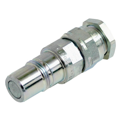 A close-up image of the Sparex Kit Multifaster - Male Cartridge - Size 3/8'' - 3/8'' BSP (Sparex Part No.S.31071) hydraulic quick connect coupling, showcasing its detailed structure and shiny surface.